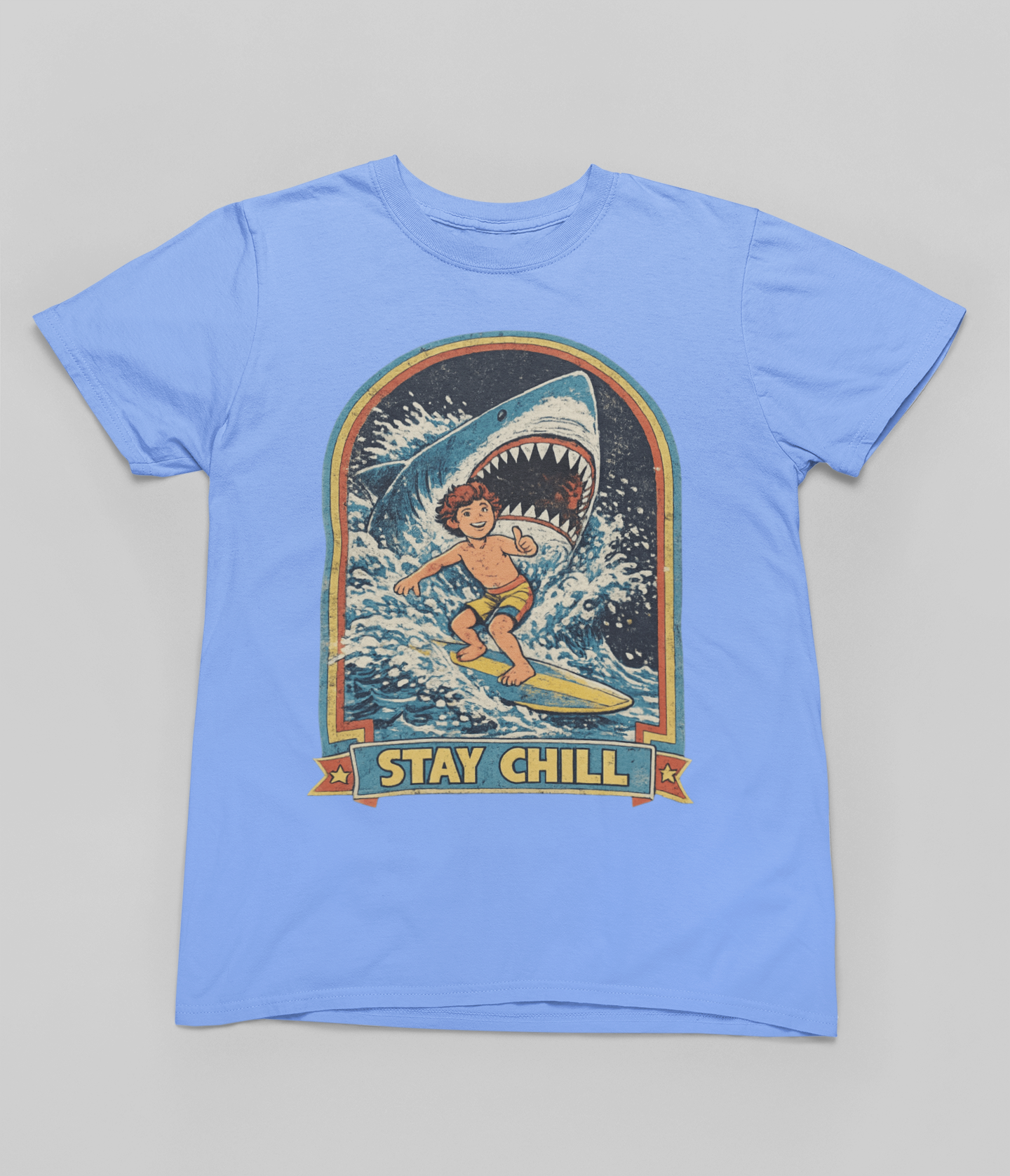 Stay Chill Surfer Shark Tee | Retro 70s Surf Shirt